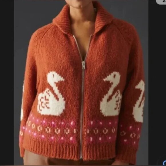 Anthropologie Maeve Wool Front Zipper Cardigan swan print Sweater size XXSP - Picture 1 of 9